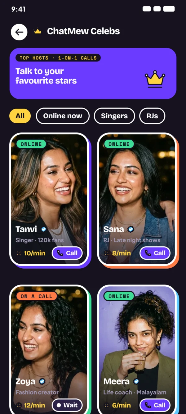 ChatMew Celebs screen